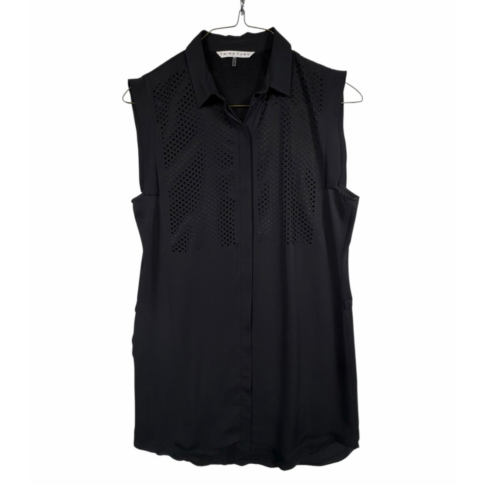 Trina Turk Black Button Down Dress Perforated Holes Women Size 12